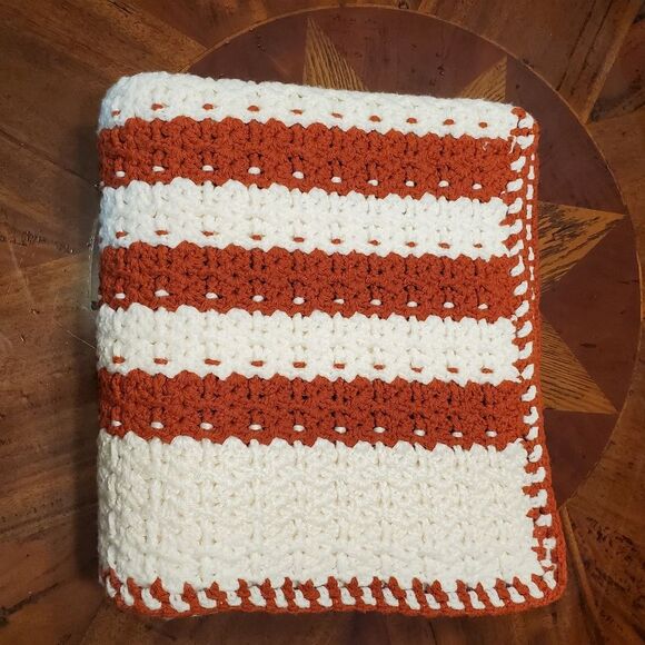 Vintage Handmade Crochet Throw Blanket Off White with Burnt Orange Stripes - Picture 8 of 10